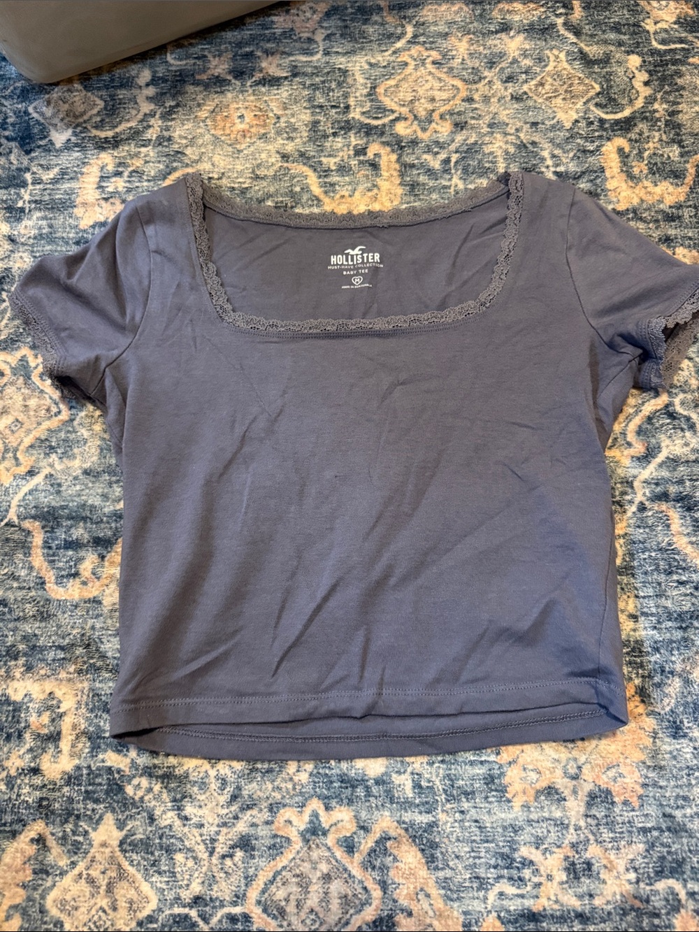 Hollister Navy Lace-Trim Square Neck Crop Top